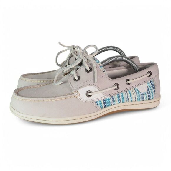 Sperry Top-Sider Koifish Raffia Leather Boat Shoes Light Grey / Blue STS95667 Wo - Picture 2 of 11